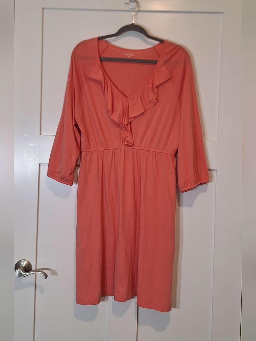Garnet Hill Ruffled V Neckline Midi Dress 100% Cotton Empire Waist Coral Large